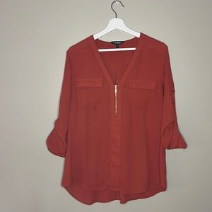 Express Rusty Orange Zip V Neck Blouse Size L